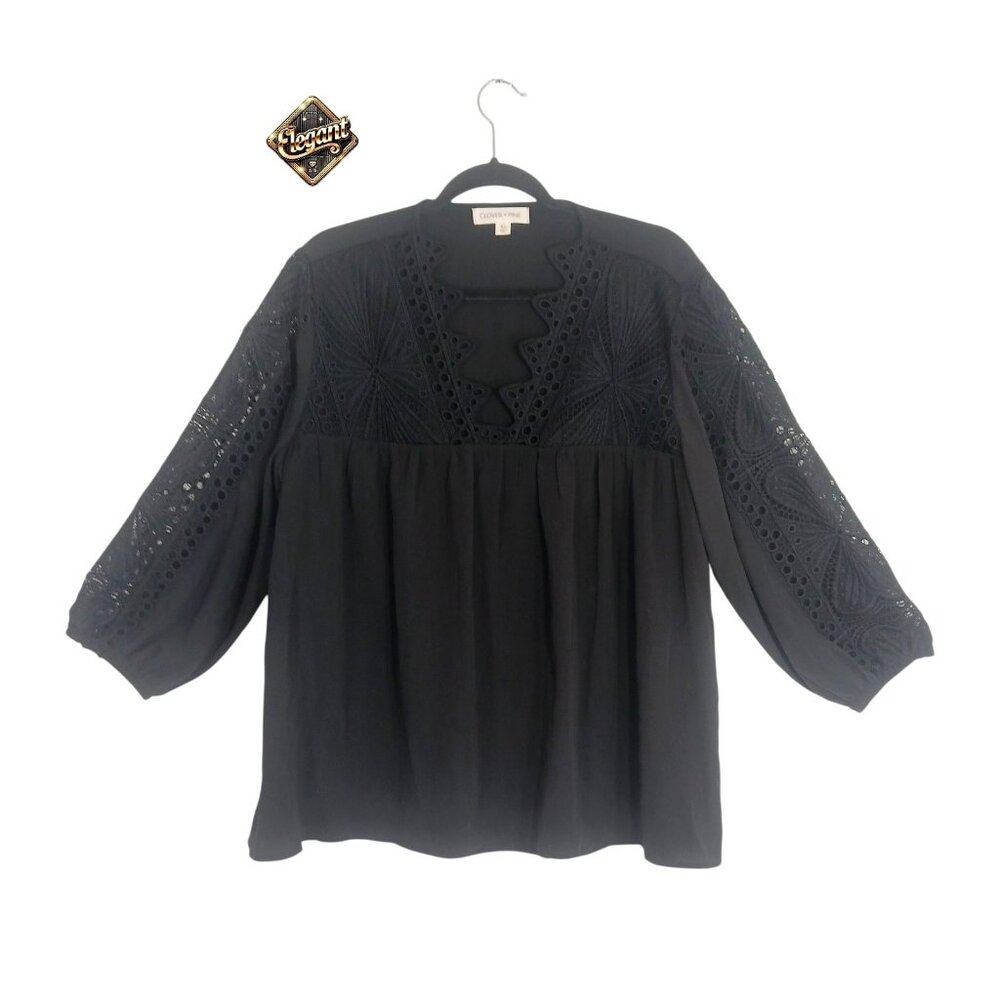 Clover + Pine Women’s Boho Crochet Lace Panel Blouse XL Black Peasant Top🖤